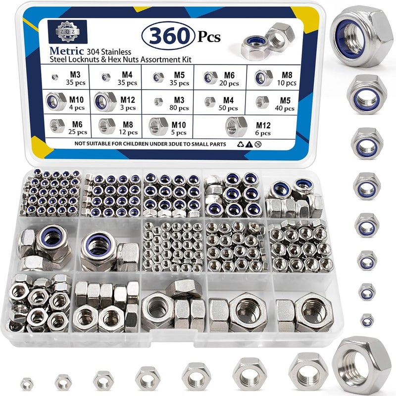 ZQZ 360 Pack Metric Hex Nuts & Locknuts Assortment Kit，M3 M4 M5 M6 M8 M10 M12 304 Stainless Steel Assorted Nylon Insert Lock Nuts Sets，Standard Thread Nylock Nuts - Image 1